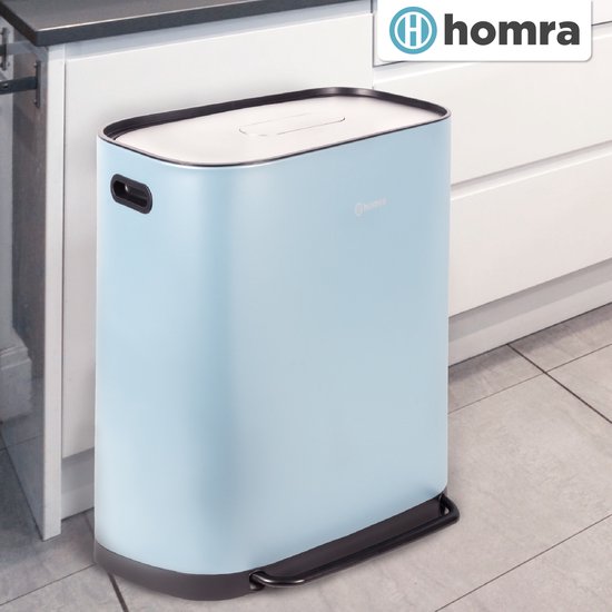 Poubelle Homra Rockx 60 litres - Poubelle à double pédale 2 x 30 L avec filtre anti-odeurs - Poubelle de tri sélectif en acier inoxydable à 2 compartiments - Poubelle de recyclage - Poubelle de cuisine - Poubelle de tri sélectif - Poubelles doubles bleues
