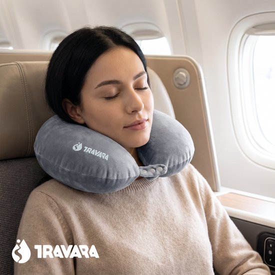 TRAVARA Oreiller cervical « The Puffer » - Oreiller de voyage gonflable - Pour l'avion - Oreiller de voiture - Travel Pillow - Gris