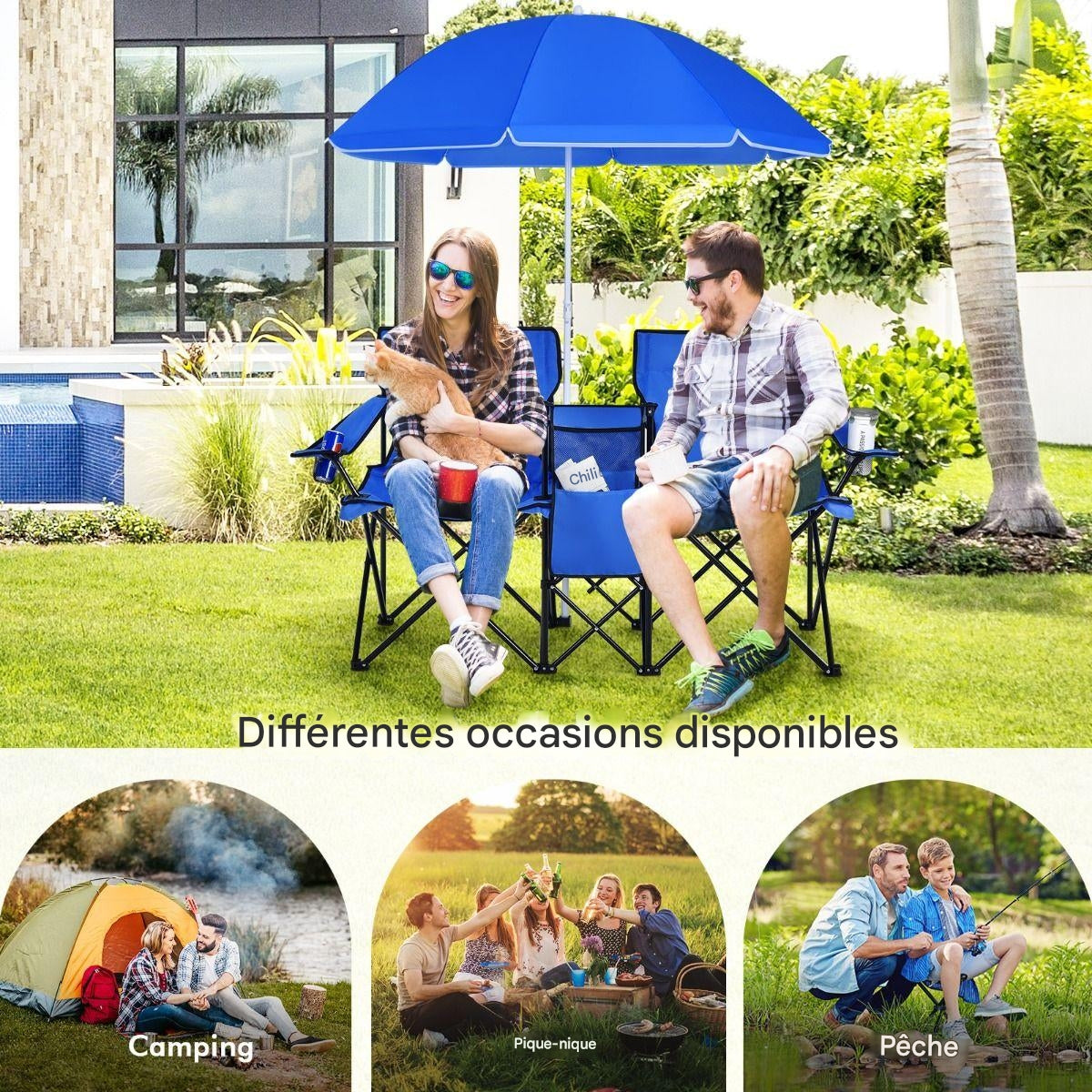 Chaise de camping double pliable Coast, avec parasol, porte-gobelet et sac isotherme, bleu