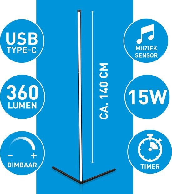 Lampe de sol à LED - Grundig - Lampadaire - 140cm - Dimmable RGBW et lumière blanche - Incl. télécommande et détecteur de musique