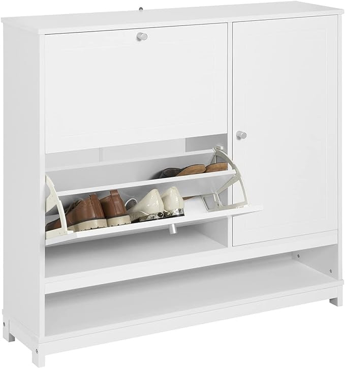 SoBuy FSR114-W Meuble à chaussures avec 2 abattants, 1 compartiment ouvert et 1 porte Meuble à chaussures étroit blanc BHT env. 102x96x24cm env.