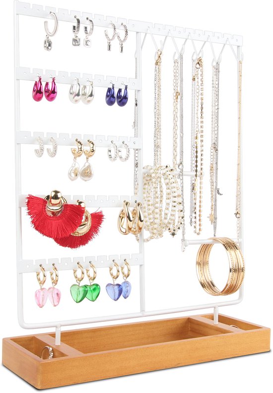 Posity Porte-bijoux - Porte-bijoux - Porte-boucles d'oreilles - Porte-bijoux - Pour colliers/bracelets/boucles/bijoux - Bois et métal - Blanc