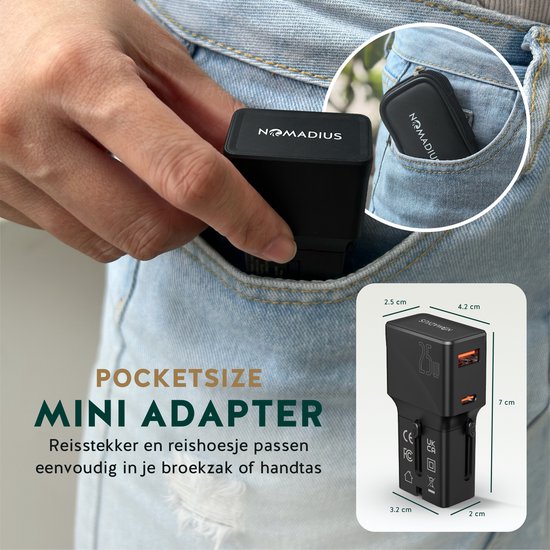 Adaptateur prise universelle - Nomadius - Chargement rapide - Prise de voyage universelle - 1 USB-C et 1 USB - 200+ pays - Noir