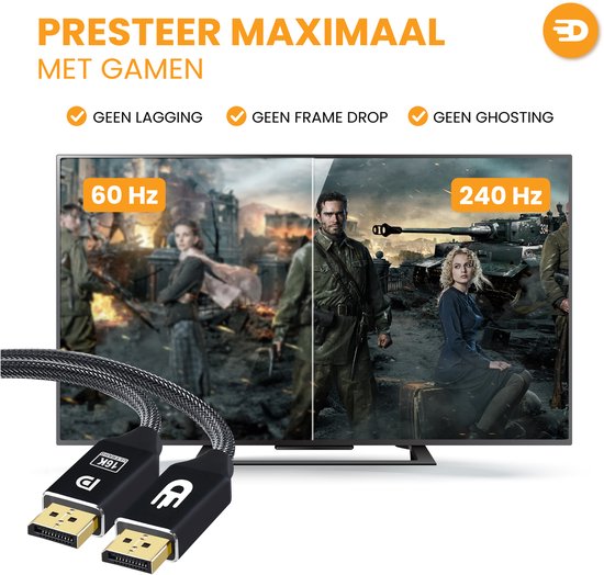Drivv. Câble DisplayPort 2.1 - 16K 60Hz 8K 120Hz 4K 144Hz - 80Gbps - DisplayPort vers DisplayPort - Câble DP - 2 mètres - Noir