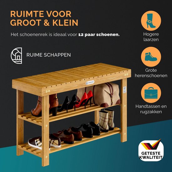 Casaria Shoe Rack - Banc 3 étagères 90x33x46cm - Bois d'acacia