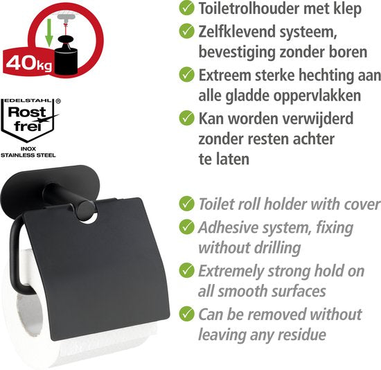 Porte-rouleau de papier toilette WENKO Turbo-Loc® avec clapet Orea, acier inoxydable noir mat - Porte-rouleau de papier toilette - Fixation sans perçage - Autocollant - Garantie 10 ans