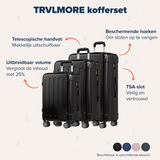 TRVLMORE Set de valises - 3 pièces - 45L bagage à main + 75L et 115L bagage spacieux - TSA Lock - Léger - Set de valises de voyage - Noir
