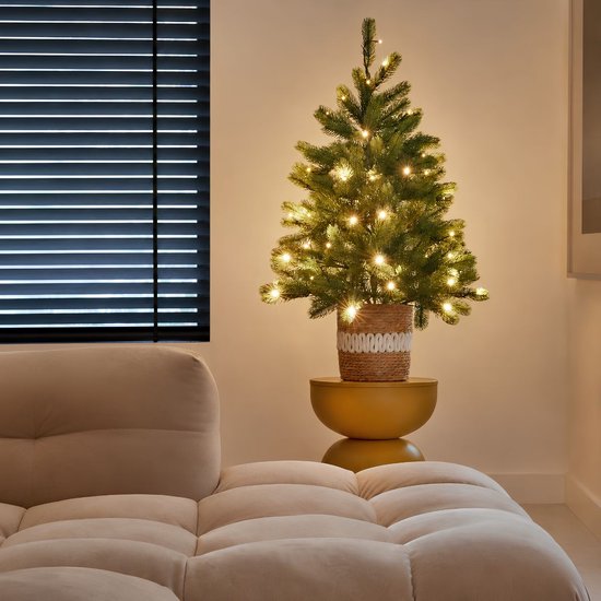 Black Box Trees Nagoya : sapin de Noël artificiel avec éclairage - Sapin artificiel H 90 x P 42 cm - Sapin de Noël artificiel dans un pot en plastique - Décoration de Noël d'intérieur - Avec pile et minuterie - 175 branches - Vert