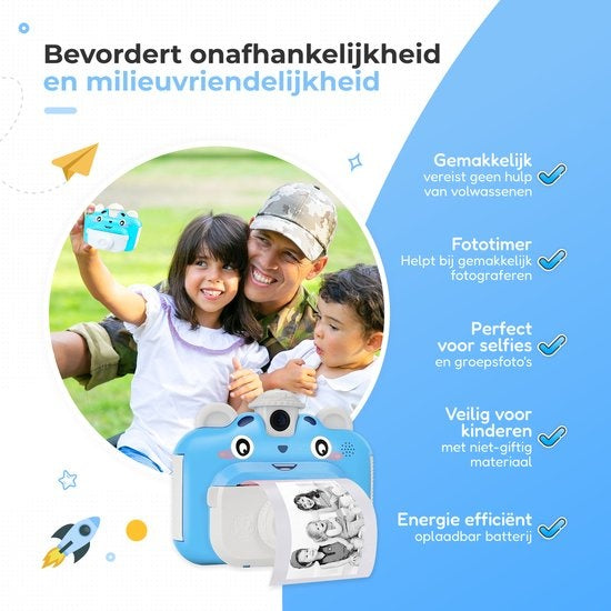 AyeKids Instant Print Kids Camera - Mini imprimante thermique - Imprimante photo - Comprend 3 rouleaux et 12 marqueurs de couleur - Bleu