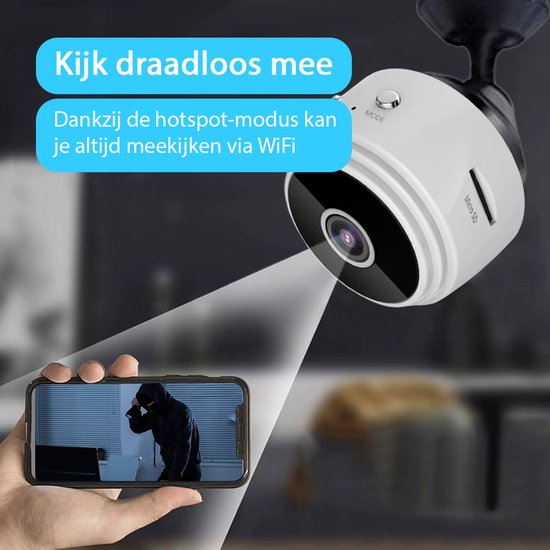 Tech Essentials® Mini caméra espion - 1080P/Full HD - Avec APP WiFi - Vision nocturne - Détection de mouvement - Caméra vidéo cachée compacte - Petite caméra d'intérieur - Espion - Sans fil - Animaux - Intelligente - Blanc