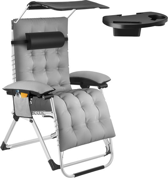tectake® Chaise longue pliable avec parasol - Chaise de jardin avec table - Porte-gobelet - Réglable à l'infini - Pour balcon, camping ou jardin - Chaise de relaxation avec coussin extra épais - Chaise de plage - Chaise longue - Div. couleurs - Gris