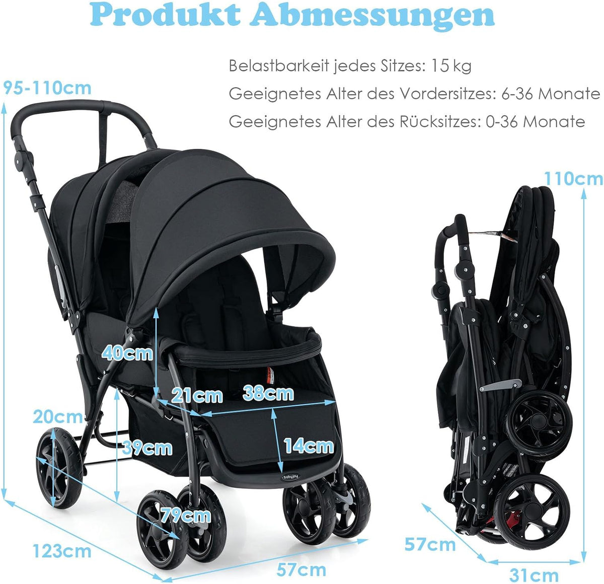Poussette Coast Tandem pour deux enfants – Pliable avec dossier réglable – Noir – Métal