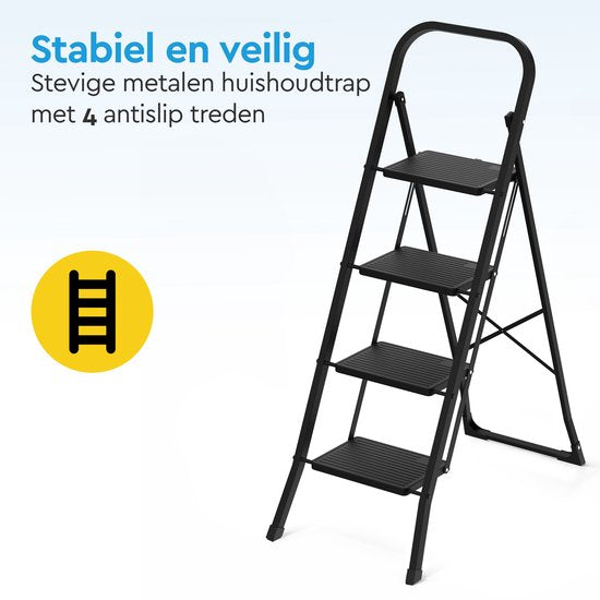BRASQ Échelle ménagère 4 marches noire - Échelle de cuisine en métal pliable pour usage privé et professionnel - Échelle - Antidérapante