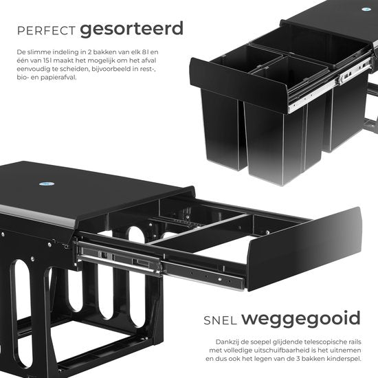 tectake® Collecteur de déchets - Poubelle encastrée - Séparation multiple des déchets - Solution de rangement efficace pour la cuisine et le bureau - Poubelle triple avec rails télescopiques - 2x 8L + 1x 15L
