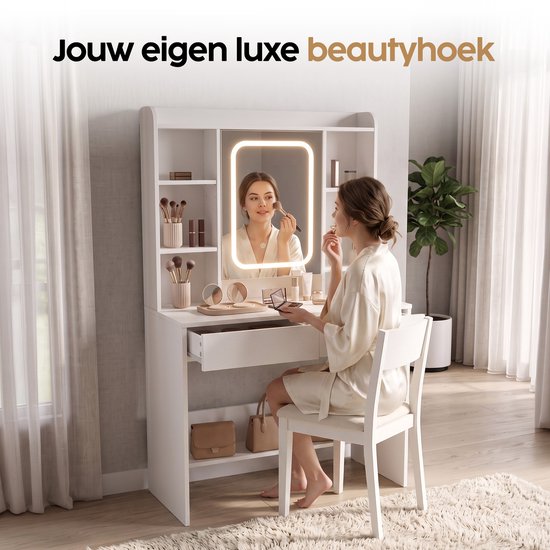 Infinity Goods : coiffeuse avec miroir LED - Table de maquillage - Très grand espace de rangement - Éclairage à intensité variable - Blanc
