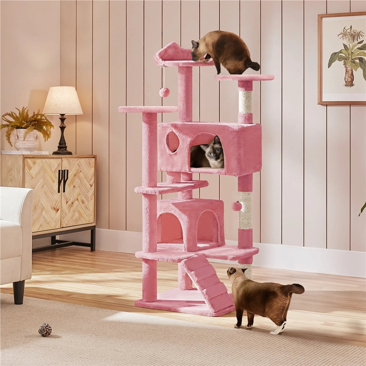 Yaheetech Cat Post avec 3 plateformes d'observation - équipé de 2 paniers pour chats, de poteaux en sisal et d'une balle de jeu avec cloche - pour les foyers avec plusieurs chats - peluche rose et panneau de particules E1 - 49 x 49 x 139 cm