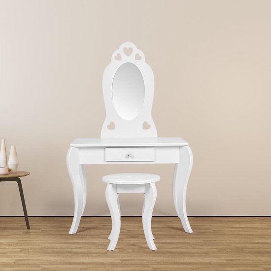 Table de coiffure cœurs enfants - table de maquillage - avec tabouret - blanc