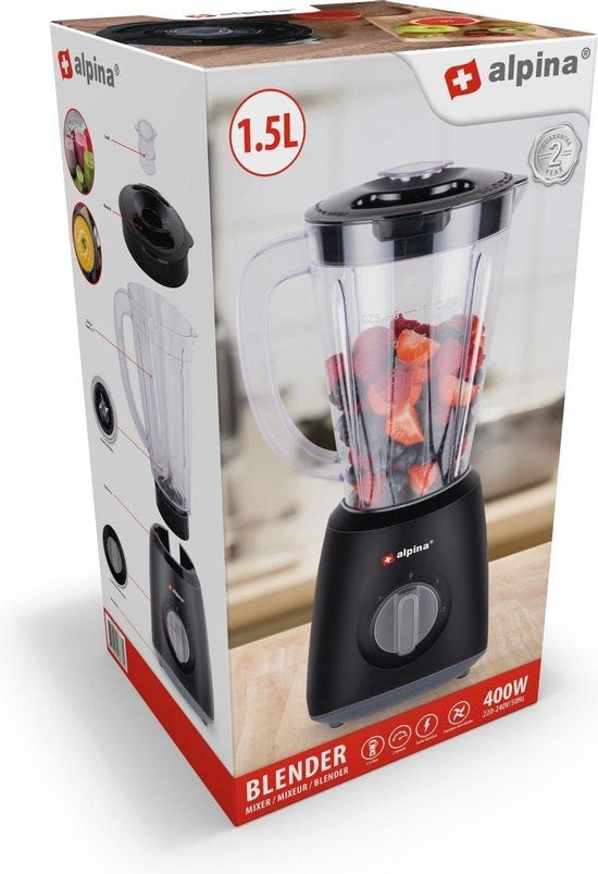 alpina Blender - 1,5 Litre - 400 Watt - Fonction Turbo - Bol en plastique - Noir