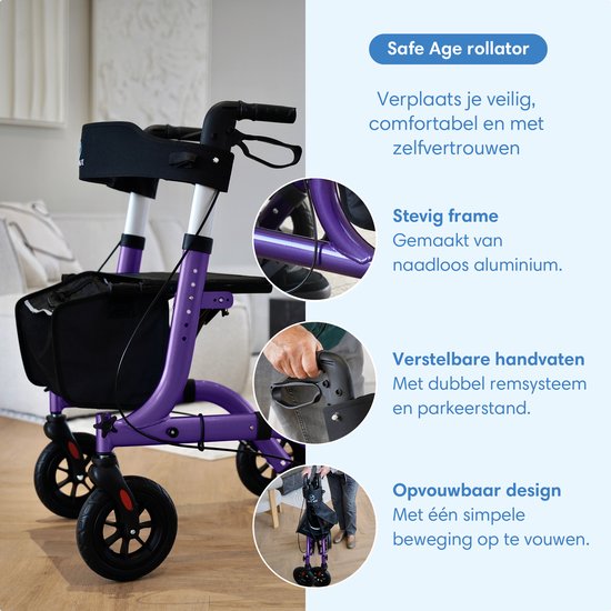 Rollator Safe Age® léger et pliable - Roues en caoutchouc - Siège intégré - Pour l'intérieur et l'extérieur - Dossier et support pour canne - Violet