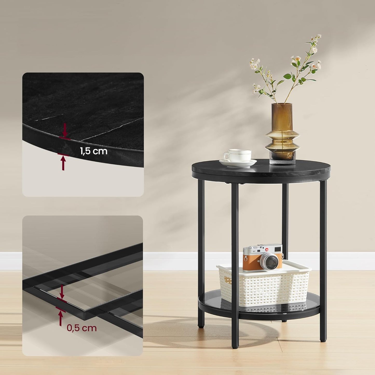 Table d'appoint ronde Vasagle à 2 niveaux - Plateau en marbre noir - Piètement en acier noir d'encre - Verre trempé - Ø 45 x 55 cm