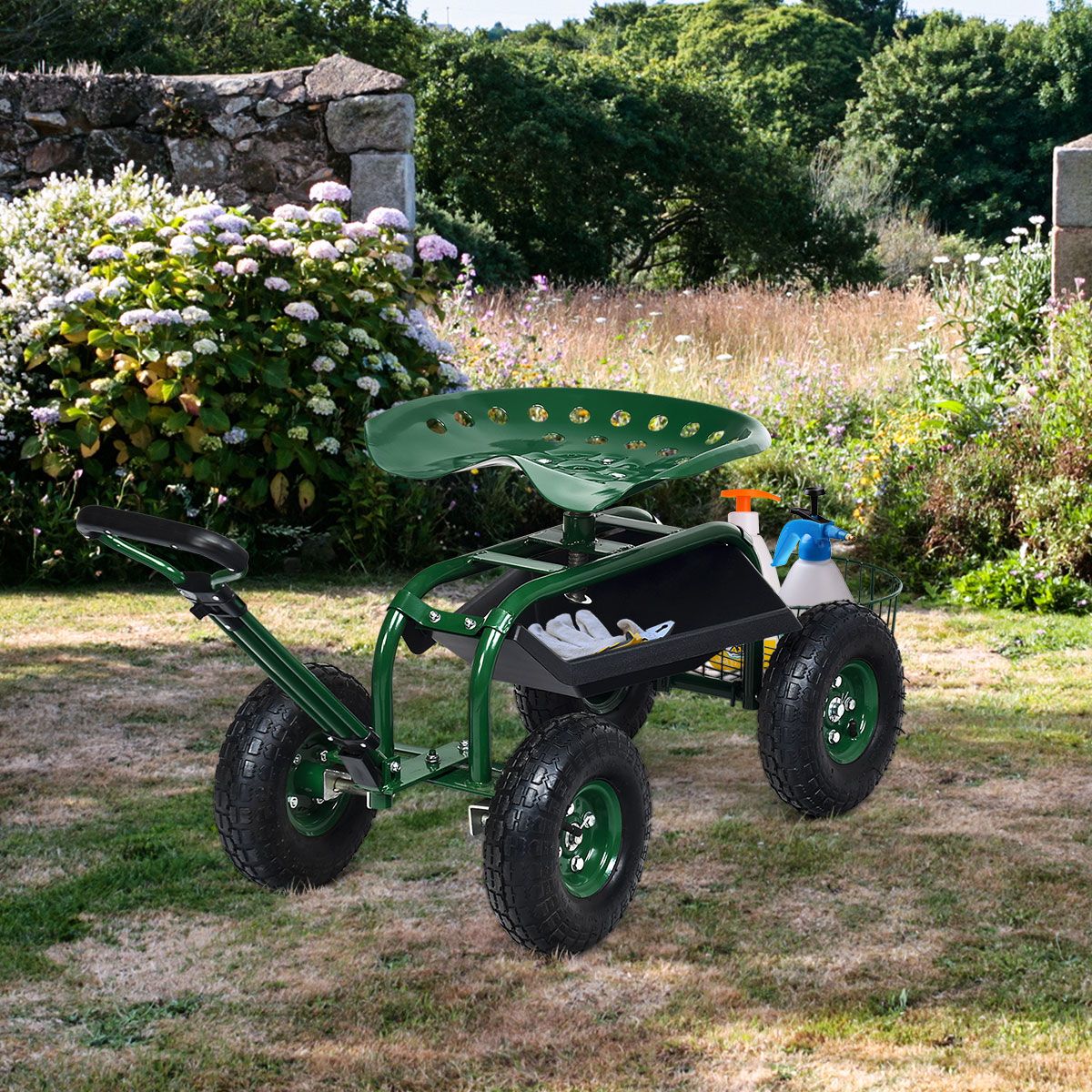 Chariot de jardin Coast avec poignée réglable - siège ergonomique - panier de rangement et bacs à outils - vert