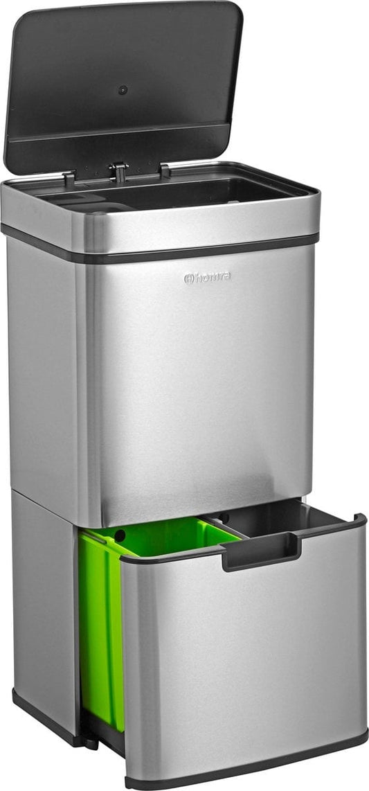 Poubelle de tri - Homra - 3 Compartiments (2x12L + 48L) - Poubelle à Capteur - Acier Inoxydable - Couvercle  Automatique - Argenté