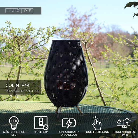 Lucide COLIN IP44 - Lampe de table rechargeable pour l'intérieur et l'extérieur - Batterie intégrée - LED à 3 niveaux de luminosité - 1 x 3 W, 3000 K - IP44 - Noir - Japandi