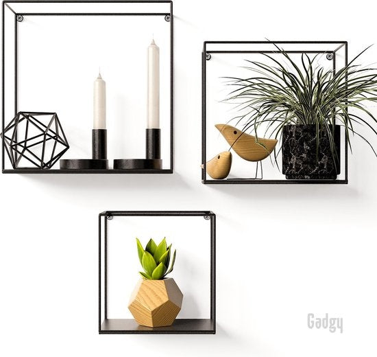 Gadgy Wandrekken Industrieel - Set van 3 - Vierkant Wandrek Zwart - Wanddecoratie Woonkamer - Muurdecoratie Metaal - Wandplank zwevend voor Slaapkamer - 32, 27 en 22 cm