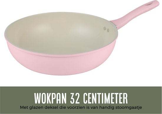 COOCK Poêle Wok Induction 32cm - Revêtement spécial antiadhésif - Poêle à frire avec couvercle - Aluminium recyclé - Rose clair/blanc - Livre électronique inclus