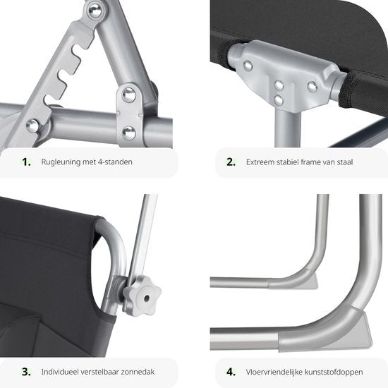 Tectake - Bain de soleil - Structure en acier avec toit coulissant - robuste, dossier réglable en 4 positions avec coussin - Idéal pour jardin, piscine, camping - Noir