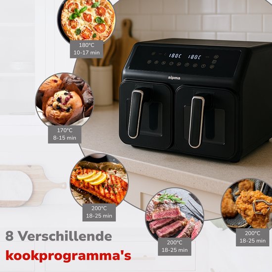 Alpina Friteuse à air chaud double XXL - Friteuse à air chaud 2 x 4 L - Friteuse à air chaud avec écran tactile numérique - Four à air chaud pour 6 personnes et plus - 8 programmes de cuisson - Mode Sync - Fonction minuterie