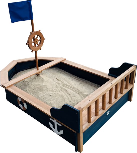 Bac à sable AXI Doris avec banc de rangement, anthracite/marron – Drapeau et barre à roue en bois – Bâche de protection et toile de sol incluses – Garantie de 10 ans !