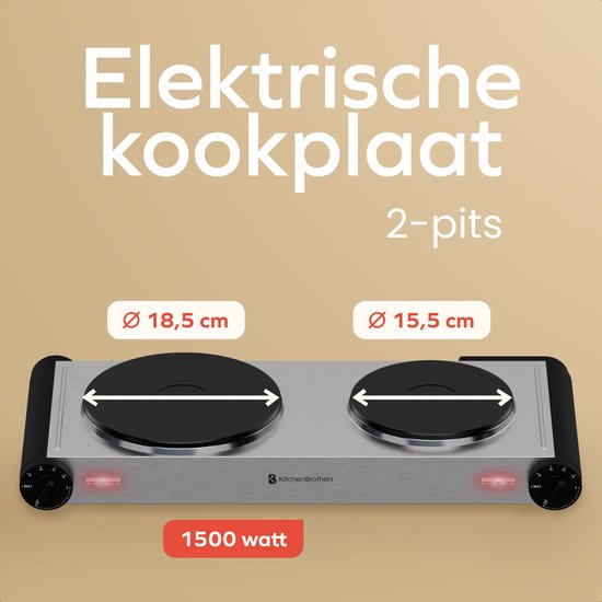 KitchenBrothers Table de cuisson électrique - 2 brûleurs - pose libre - 7 niveaux de température - 1500W + 1000W - inox/noir