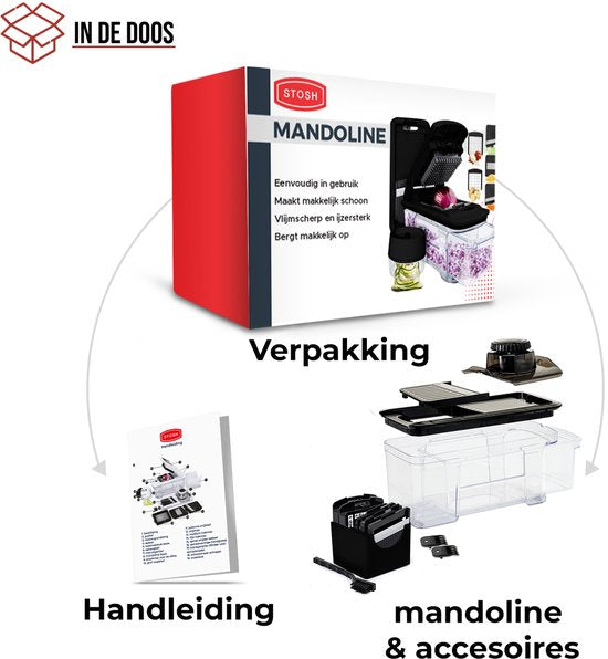 Mandoline Stosh - Coupe-légumes - Coupe-oignons - Coupe-légumes en spirale - Coupe-frites - Râpe - 6 pièces - Noir - Acier inoxydable - Sans BPA