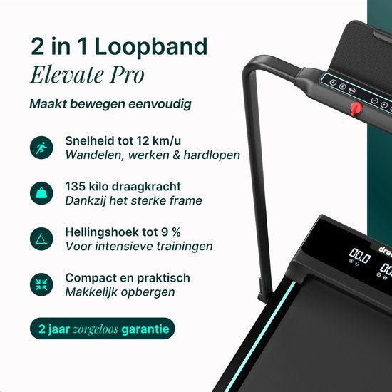 Dreaver Elevate Pro - Tapis de course 2 en 1 pliable, 12 km/h, avec fonction d'inclinaison de 9 % - Application et accessoires inclus - Tapis de course - Treadmill - Tapis de marche - Walking pad - Pour la maison
