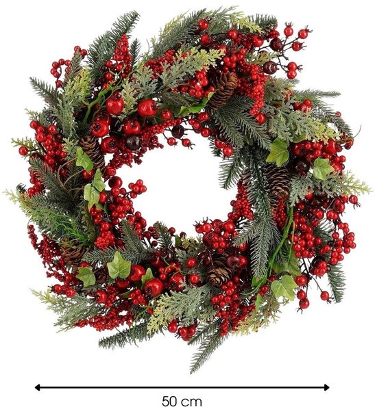 Mica Decorations Norah : couronne de Noël avec des pommes de pin - Décoration de Noël au style traditionnel - Couronne de porte pour le hall d'entrée ou la porte d'entrée - H 13 x Ø 50 cm - Rouge et vert