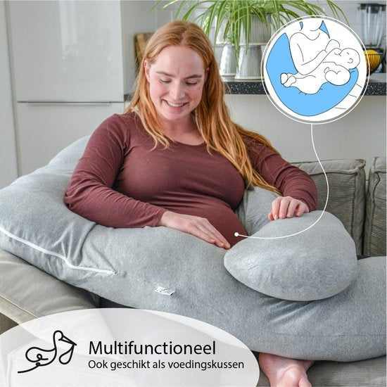 Ella® Maternity Pillow XXL U-Shape - Coussin d'allaitement - Coussin de sommeil en soie - Coussin de corps - Enveloppe amovible en jersey de coton - 140x80cm - Gris clair