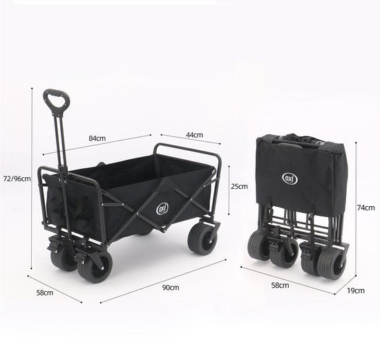 Chariot pliable AXI AB131 – Noir – Avec poignée de traction, freins et housse – Capacité de charge de 100 kg – Facile à transporter – Métal
