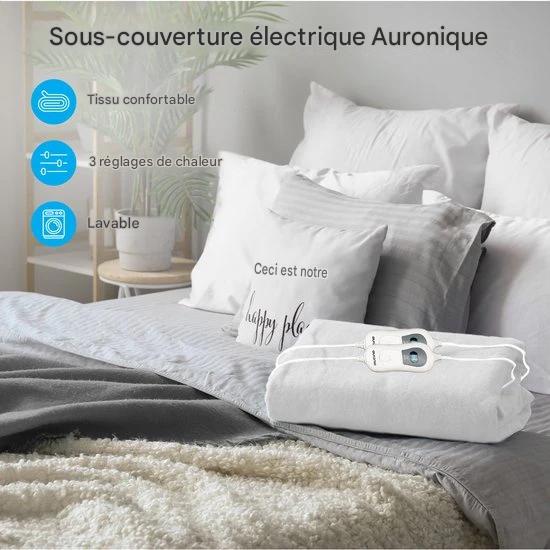 Couverture électrique - Auronic - 2 personnes - 160x140cm - avec élastiques d'angle et 2 contrôleurs - Blanc