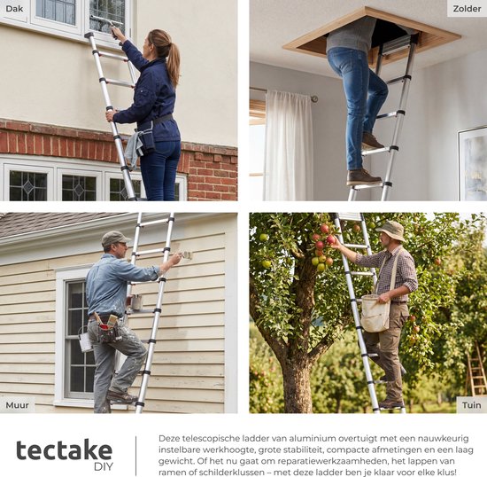Échelle télescopique tectake® à 13 échelons - Échelle pliante - 3,85 mètres - Fermeture en douceur - Antidérapante - Échelle télescopique extensible - Échelle à marches - Échelle légère en aluminium - Verrouillage fiable