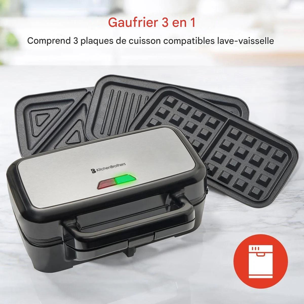 Appareil multifonction 3-en-1 KitchenBrothers  - Gaufrier/Grill/Croque monsieur - Plaques interchangeables - acier inoxydable