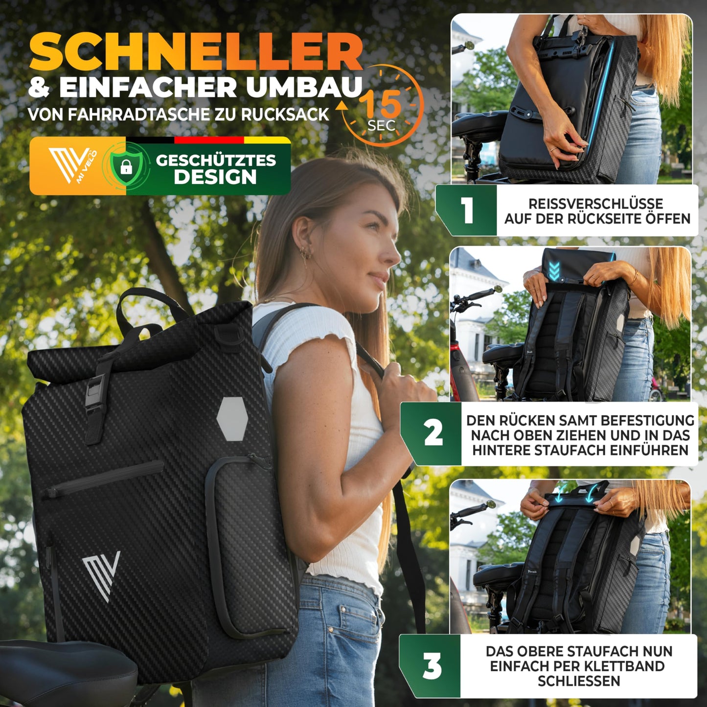 MIVELO EVO 25L – Sac de vélo 3 en 1 pour porte-bagages – sac à dos et sac à bandoulière – 100 % imperméable – Noir carbone
