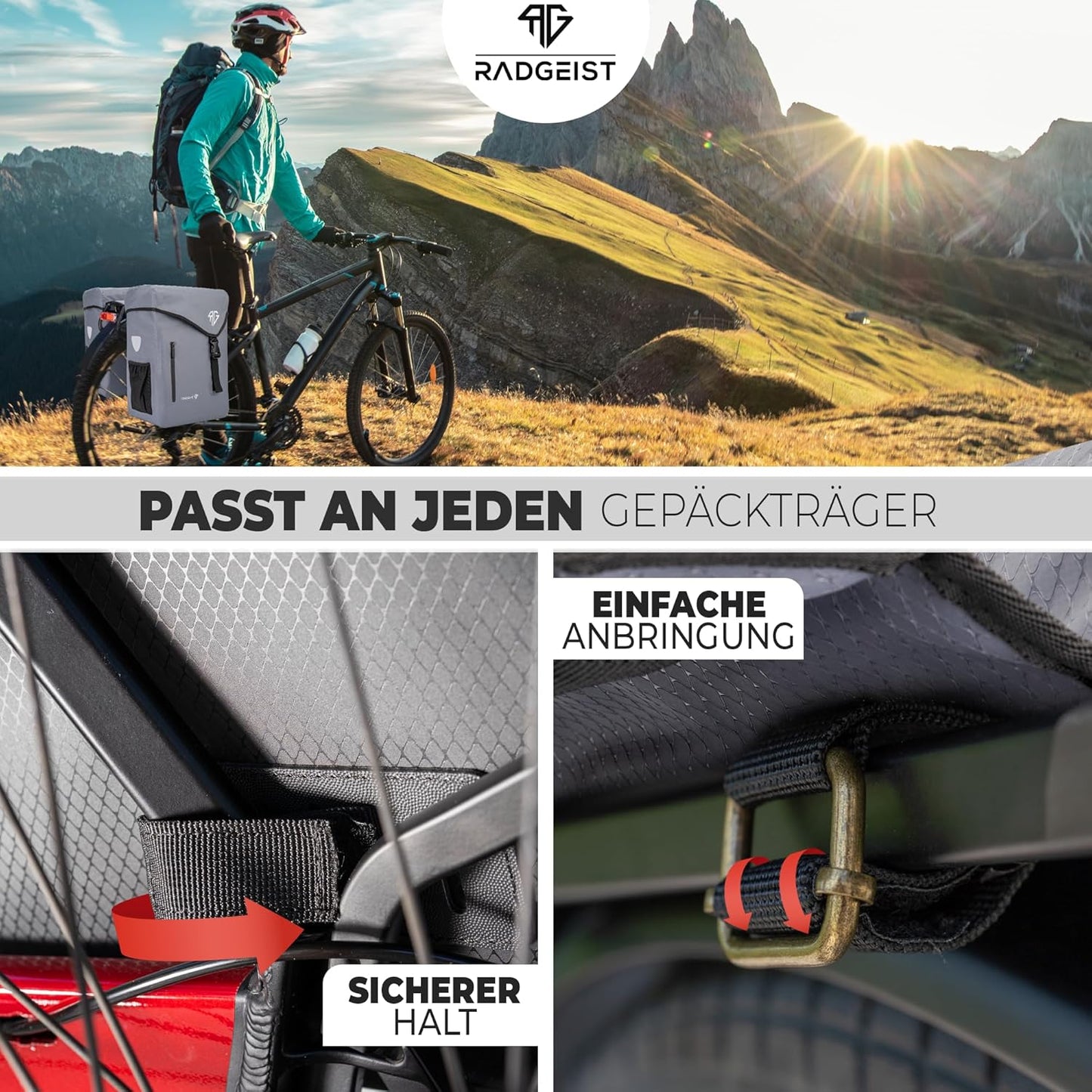 RADGEIST sacoche vélo pour transporteur 100% étanche I Double sacoche vélo 50 litres - Double sacoche vélo avec fermeture facile (gris)