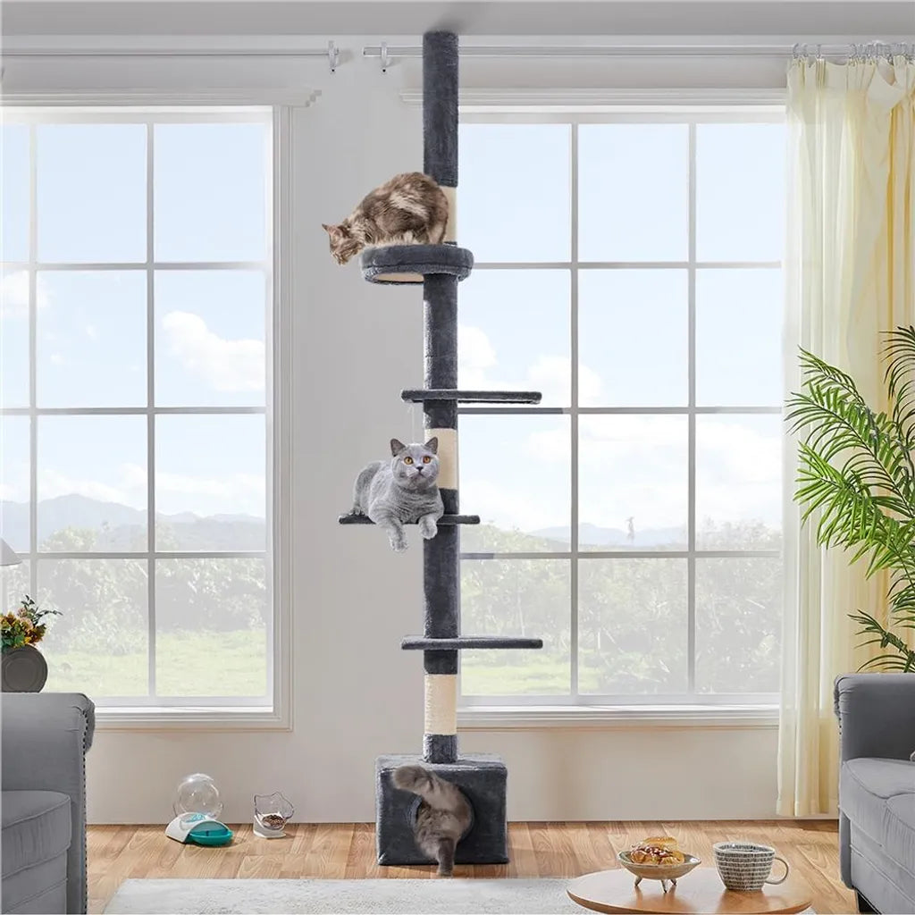 Arbre à chat de plafond Yaheetech 226-265,5 cm - Gris foncé - Arbre à chat réglable à 5 niveaux