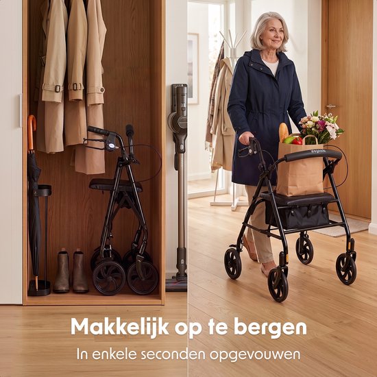 Rollator LifeGoods Basic : léger et pliable (8,7 kg) - Avec siège et dossier – Pour l'intérieur et l'extérieur – Hauteur réglable - Capacité de charge jusqu'à 136 kg – Noir