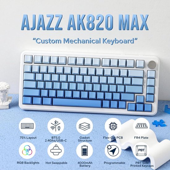 Ajazz AK820 MAX - 75% Wireless Gaming Keyboard - Mécanique - Touches latérales imprimées - Joint - Hot Swap - Tri mode - Clavier QWERTY - 82 touches - Gradient Blue