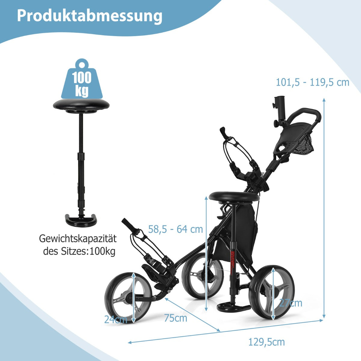 Chariot de golf Coast avec porte-parapluie et chaise - 130 x 75 x 120 cm - gris/noir