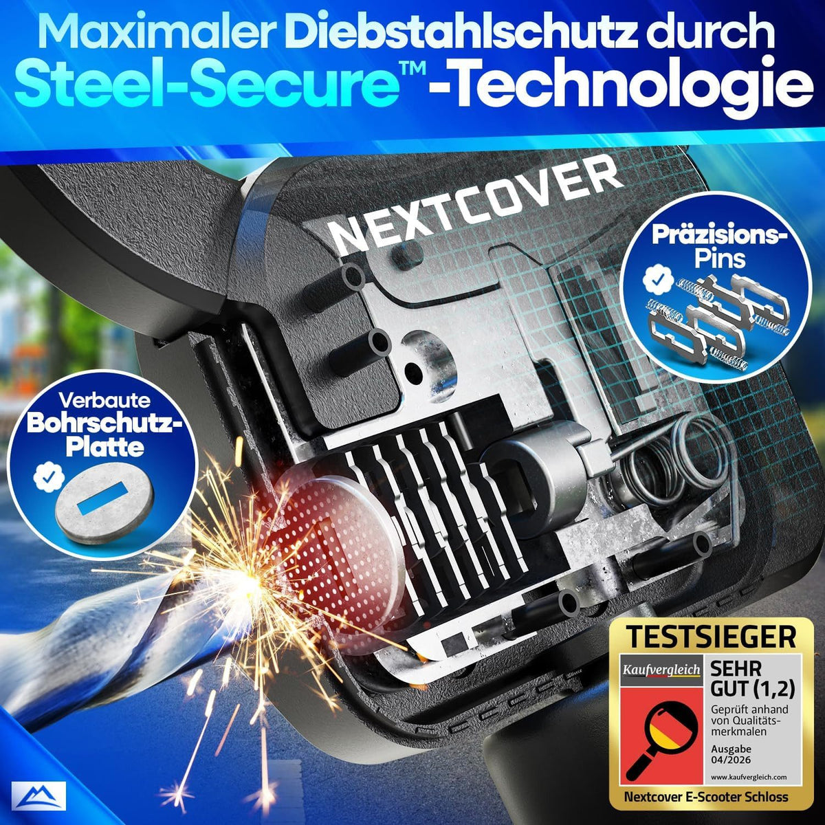 NEXTCOVER Antivol à chaîne pour trottinette électrique 90 cm - Technologie Steel-Secure - 3 clés - Noir