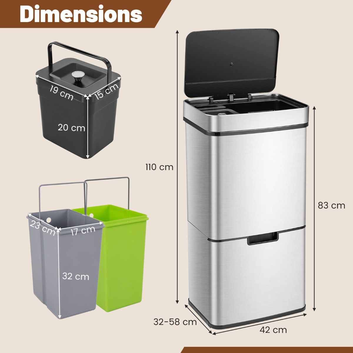 Coast 72 L Garbage Bin with Sensor - 4 Bins, Silver, 42 x 32-58 x 84-110 cm, Electric Garbage Bin with Soft Closure for Kitchen and Office