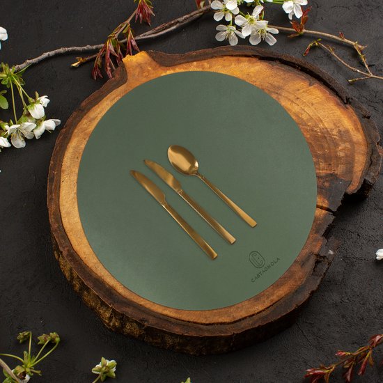 Sets de table Castagnola aspect cuir - Sets de table ronds - Sets de table antidérapants en cuir artificiel - Dessous de verre hydrofuge - Dessous de verre - 6 pièces - Diamètre 38 cm - Vert